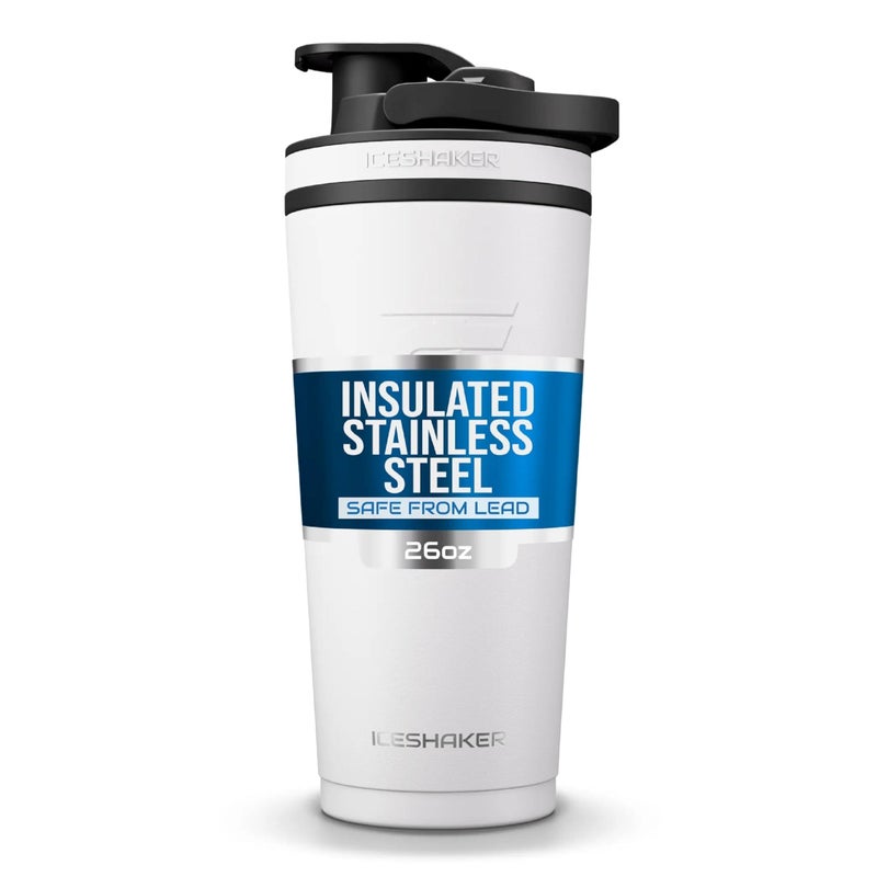 Ice Shaker Insulated Stainless Steel Shaker Bottle | 26oz, White | Cold for 30+ Hours | Insulated Cup with Twist-on Agitator | Odor-Free Bottle for Protein Shakes, Water, Smoothies, Cocktails - Image 1
